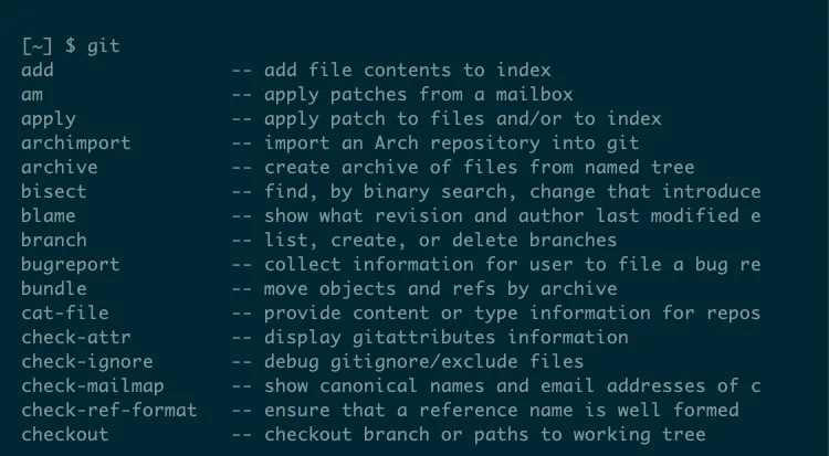 Danh sách các subcommands của Git như add, blame, checkout được tự động hoàn thành khi gõ &quot;git&quot; và nhấn Tab