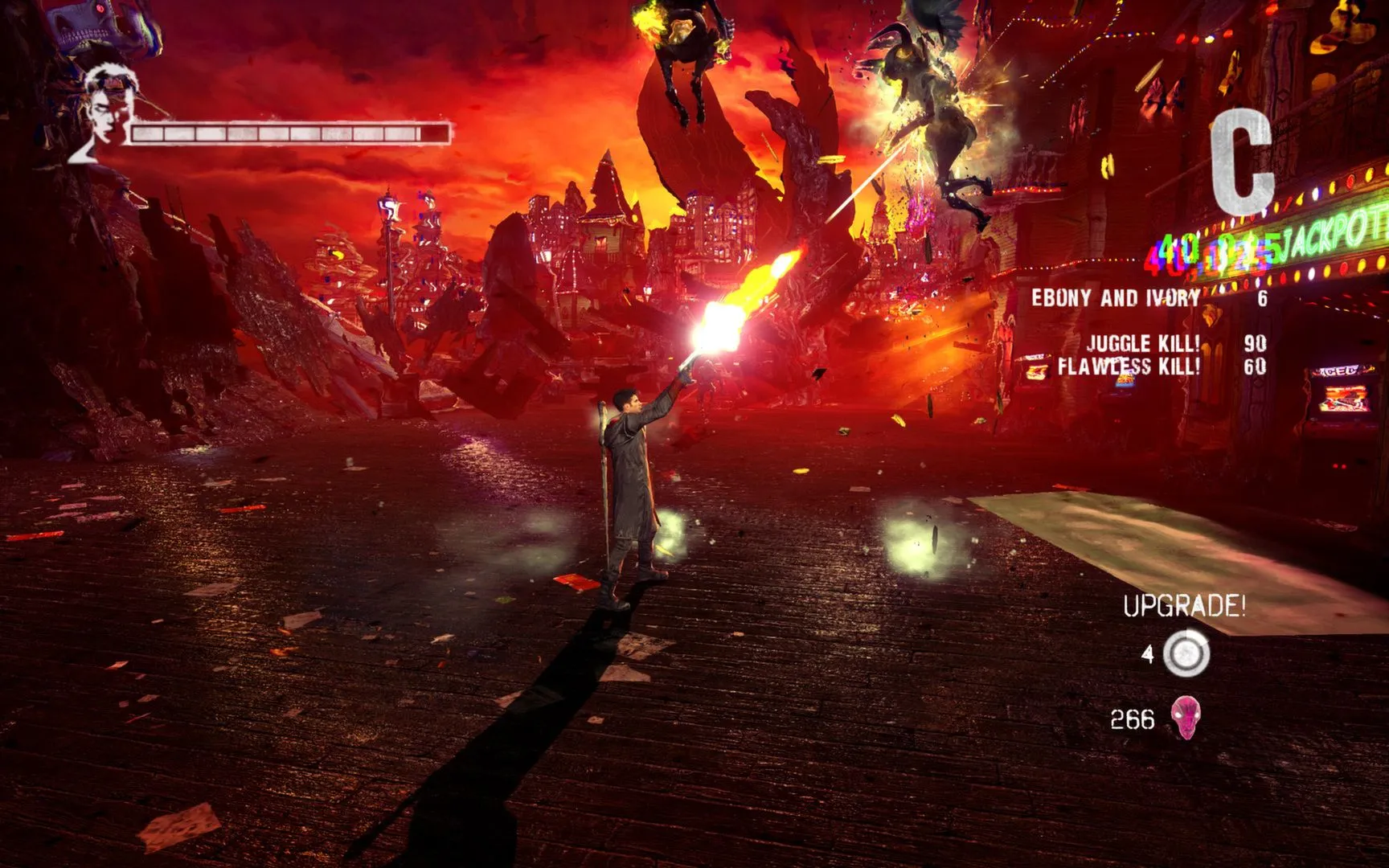Dante trong DmC: Devil May Cry, thể hiện lối chơi hành động chặt chém mạnh mẽ và combo đẹp mắt.