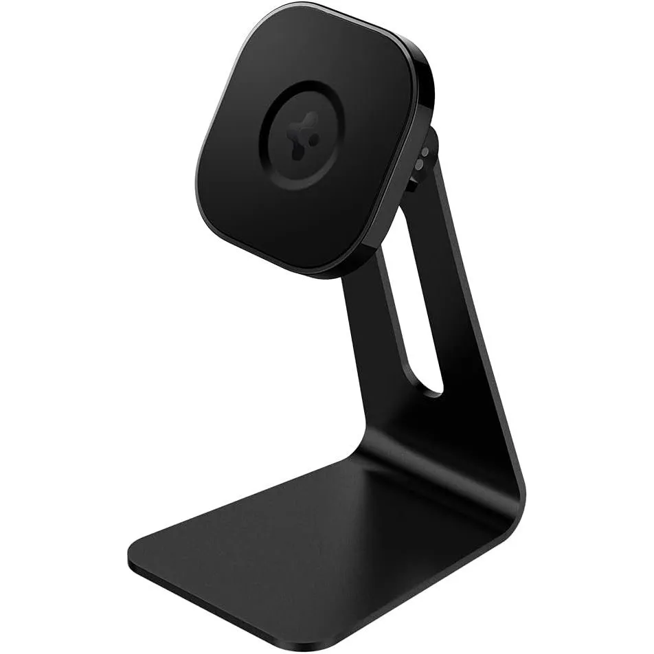 Đế giữ điện thoại Spigen OneTap MagFit màu bạc, thiết kế tối giản trên bàn làm việc.