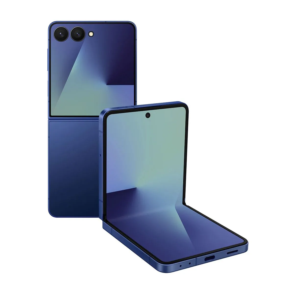 Điện thoại gập Samsung Galaxy Z Flip 7 ở trạng thái mở một phần, khoe màn hình chính và thiết kế nhỏ gọn