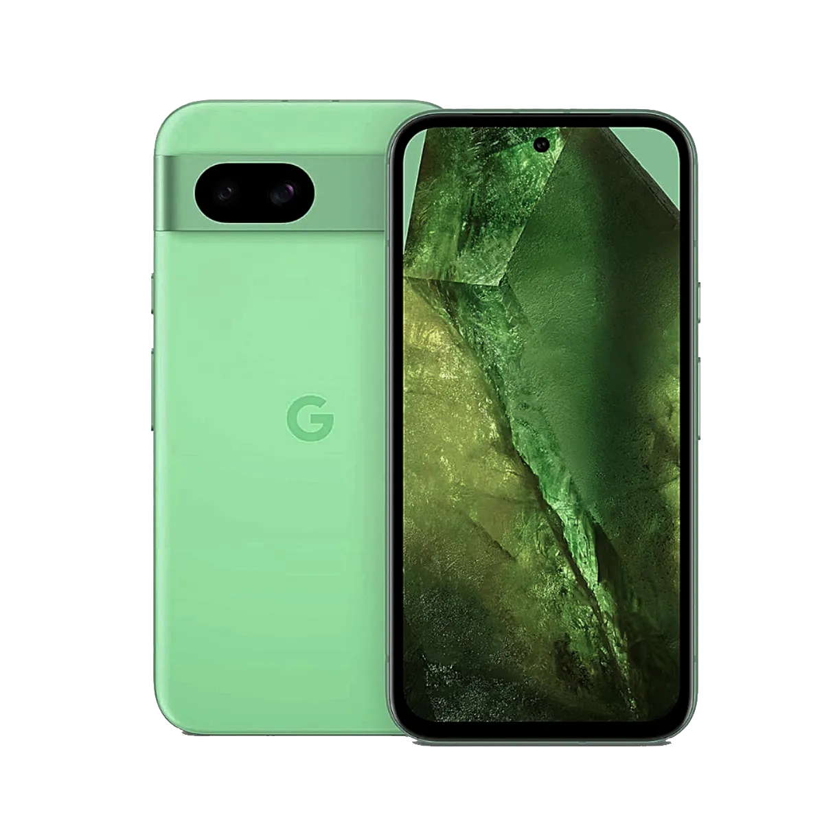 Điện thoại Google Pixel 8a màu xanh Aloe đặt trên một bề mặt trắng