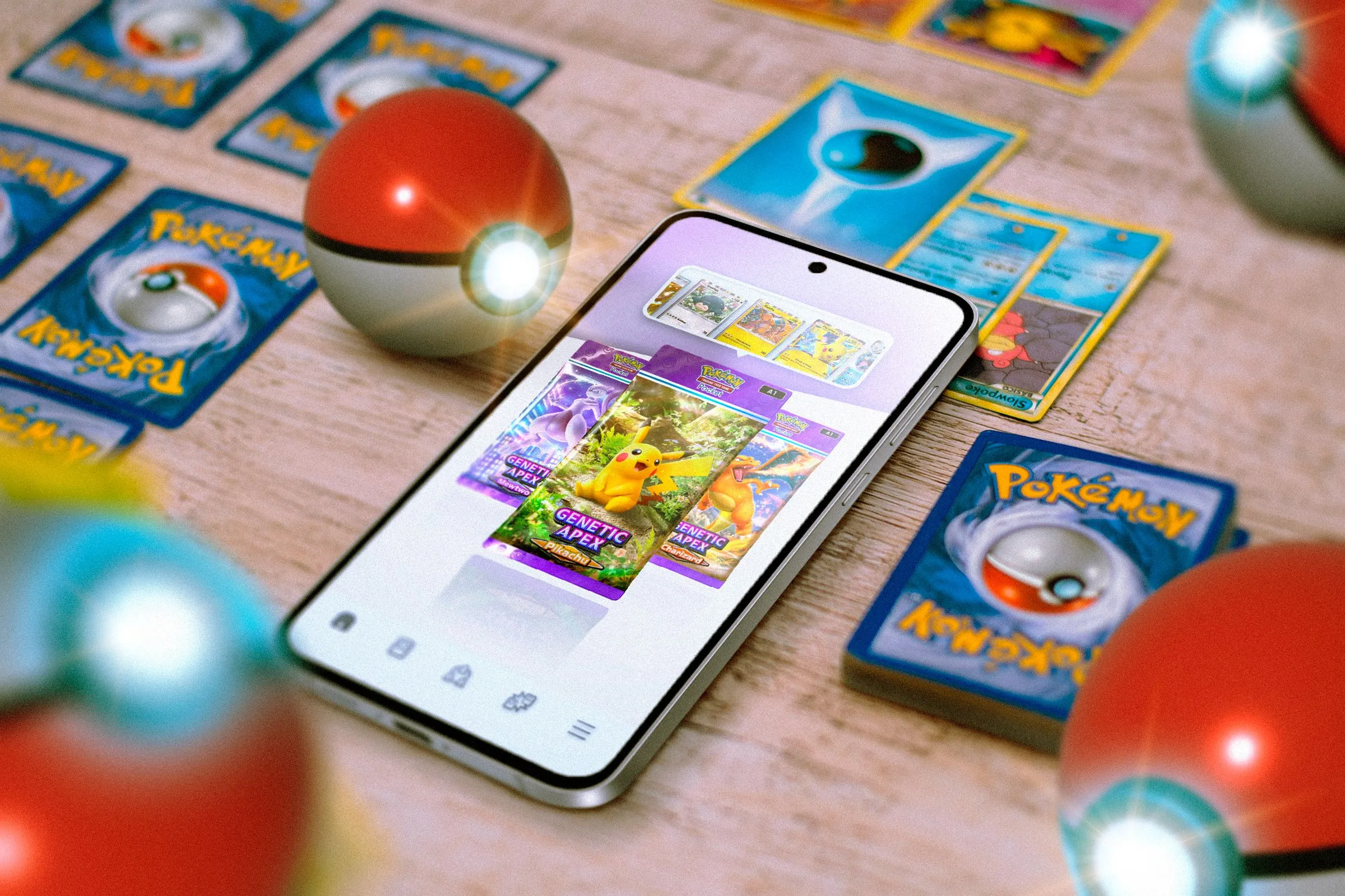 Điện thoại hiển thị game Pokémon TCG Pocket cùng các thẻ bài và Poké Ball xung quanh, minh họa trải nghiệm game thẻ bài Pokémon di động.