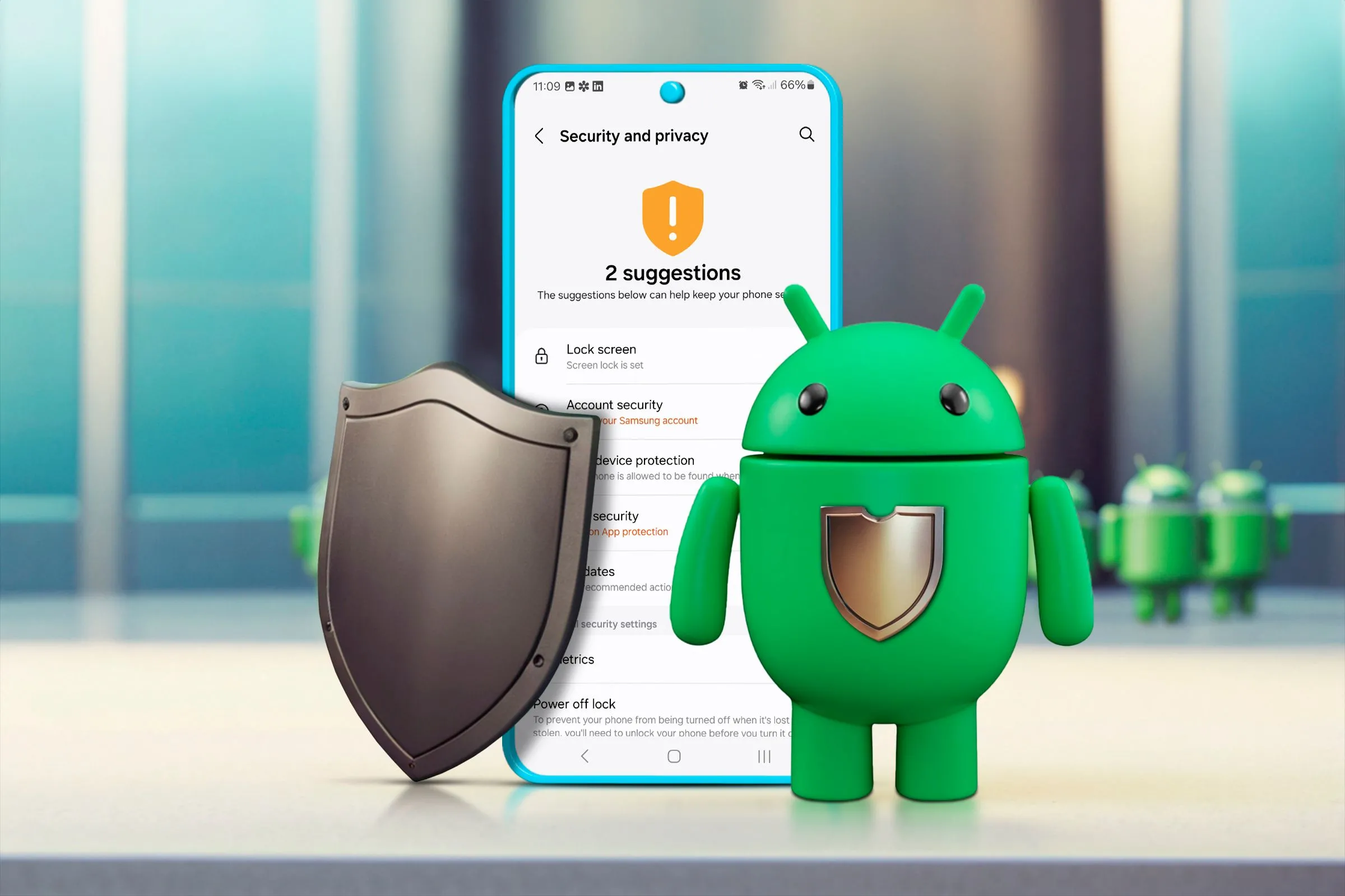 Điện thoại trên màn hình cài đặt bảo mật và quyền riêng tư với linh vật Android