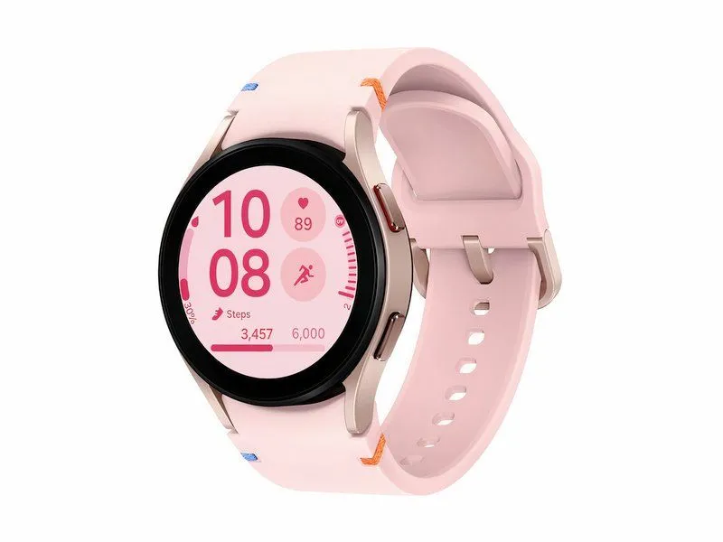 Đồng hồ thông minh Samsung Galaxy Watch FE LTE màu vàng hồng trên nền trắng, nổi bật thiết kế và màn hình sắc nét.