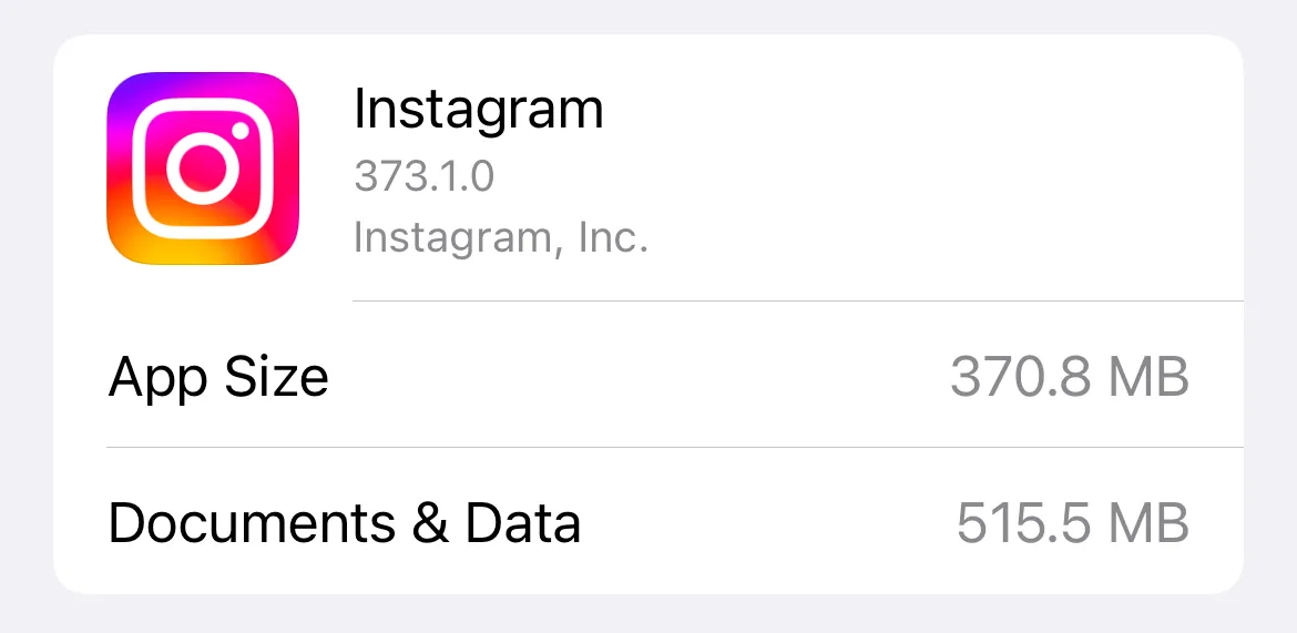 Dung lượng Instagram hiển thị kích thước ứng dụng và dữ liệu đã lưu