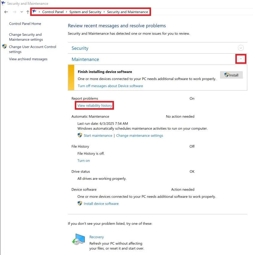 Đường dẫn đến Reliability Monitor thông qua Control Panel trên Windows 11