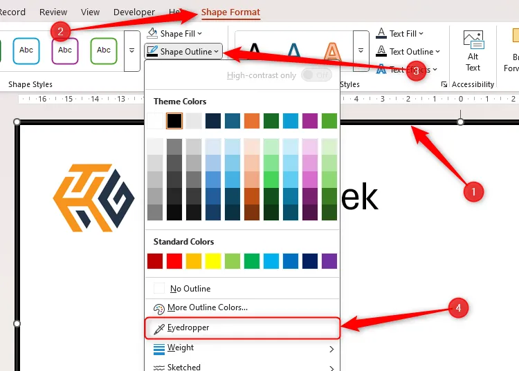 Đường viền slide trong PowerPoint được chọn, và tùy chọn Eyedropper trong menu thả xuống Shape Outline được tô sáng.