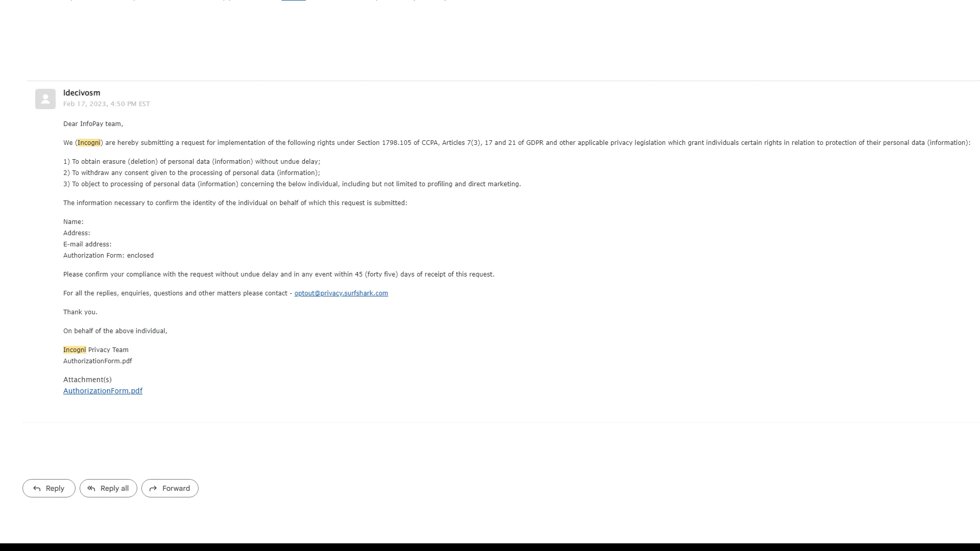 Email xác nhận từ Incogni về yêu cầu gỡ bỏ thông tin cá nhân khỏi cơ sở dữ liệu