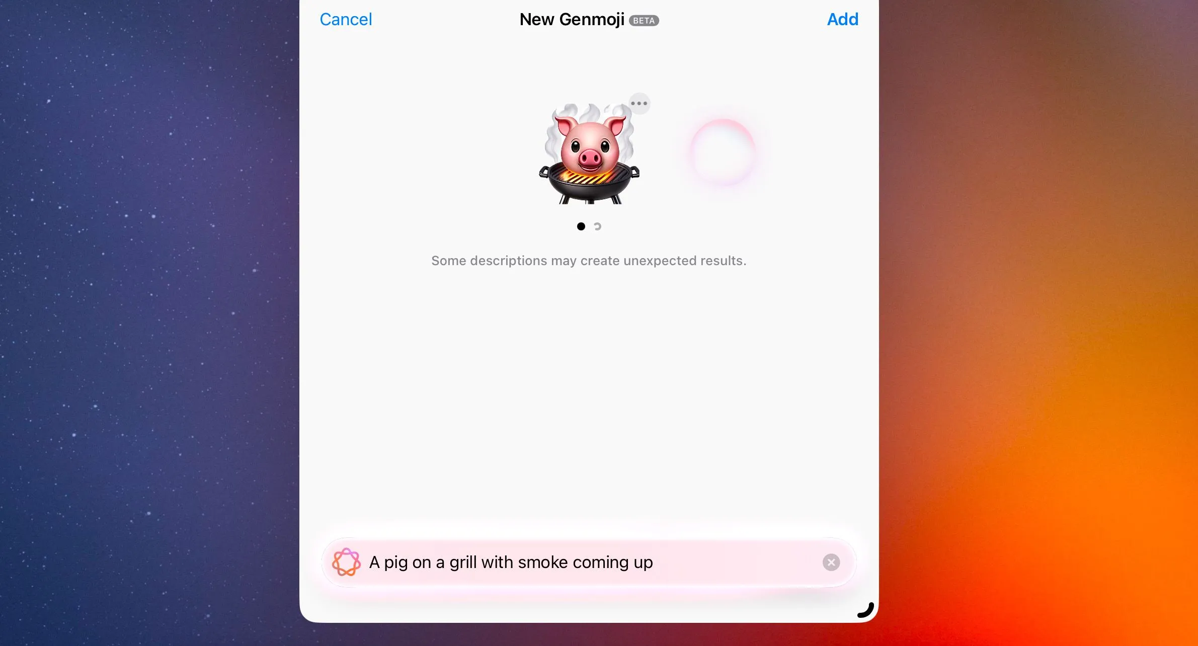 Emoji tùy chỉnh hình heo nướng trên vỉ của Genmoji