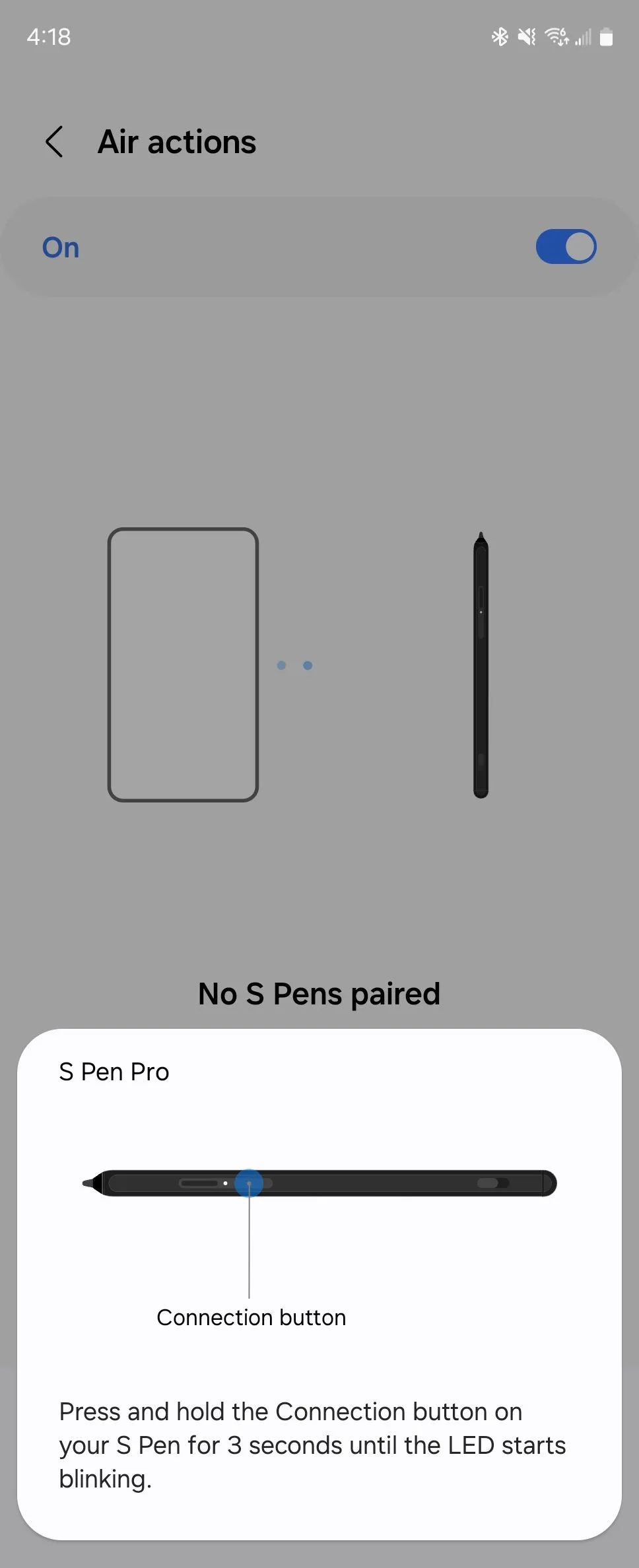 Galaxy Z Fold 6 đang quét tìm S Pen Pro, minh họa yêu cầu Bluetooth cho các tính năng Air Actions.