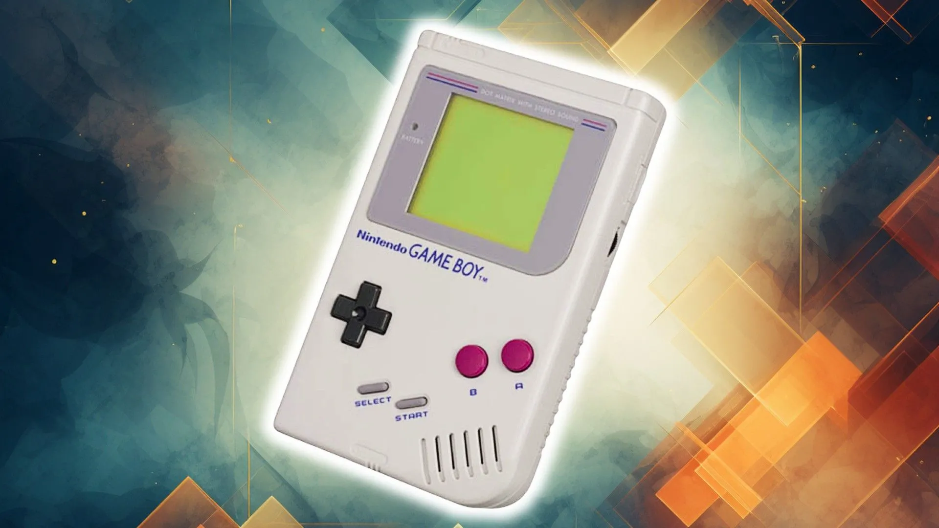 Game Boy màu xám trên nền hình lục giác xanh và cam