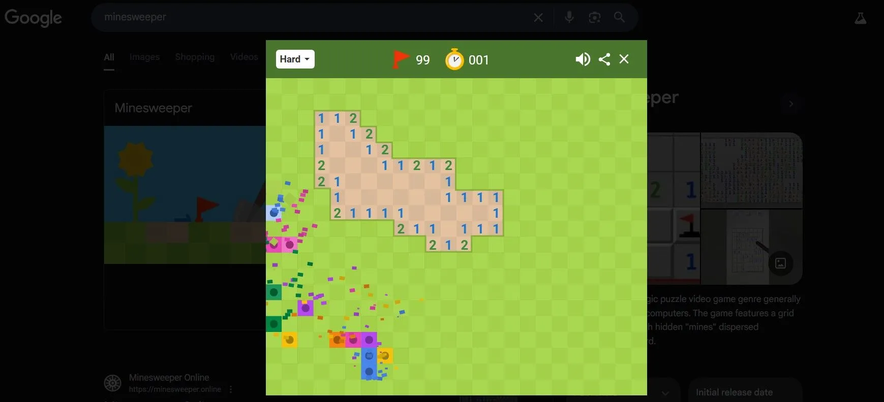 Game Dò Mìn (Minesweeper) hiển thị trực tiếp trên Google Search.