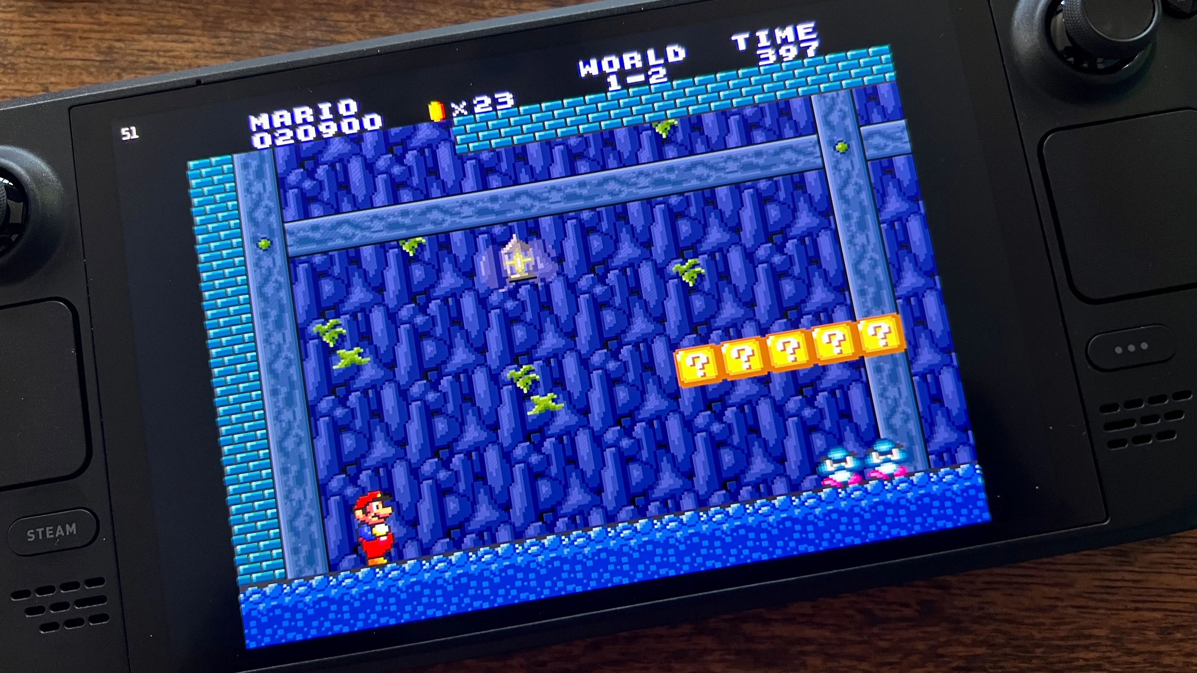 Game Super Mario All-Stars đang chạy trên Steam Deck, ví dụ về game nhẹ pin lý tưởng khi đi du lịch
