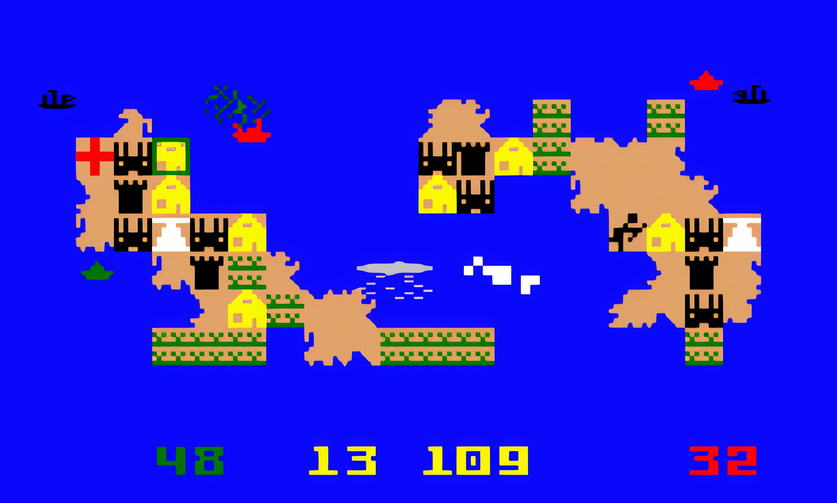 Gameplay của Utopia trên hệ máy Intellivision, hiển thị màn hình quản lý tài nguyên và xây dựng cơ sở