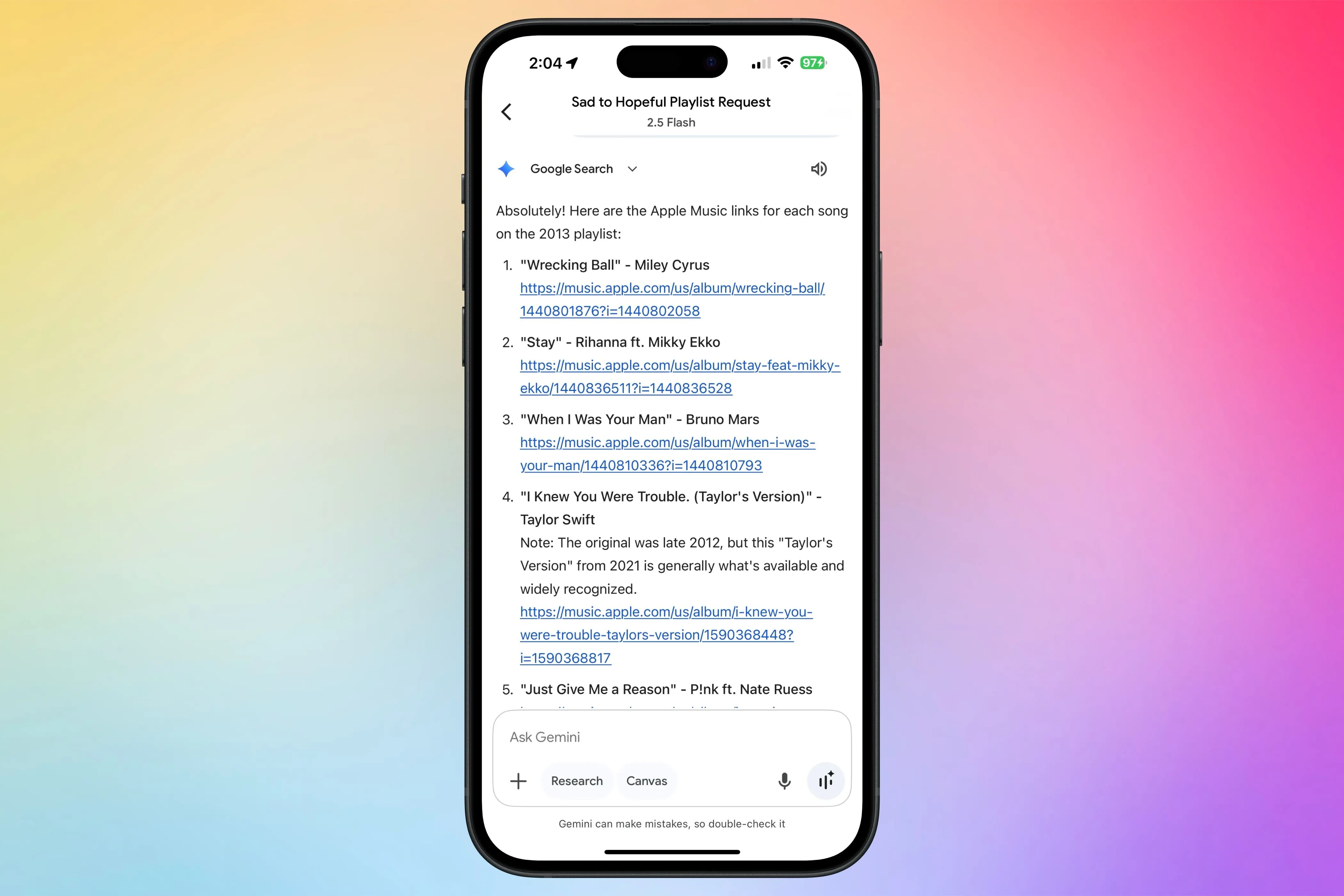 Gemini đang tuyển chọn playlist và cung cấp các liên kết Apple Music cho từng bài hát.