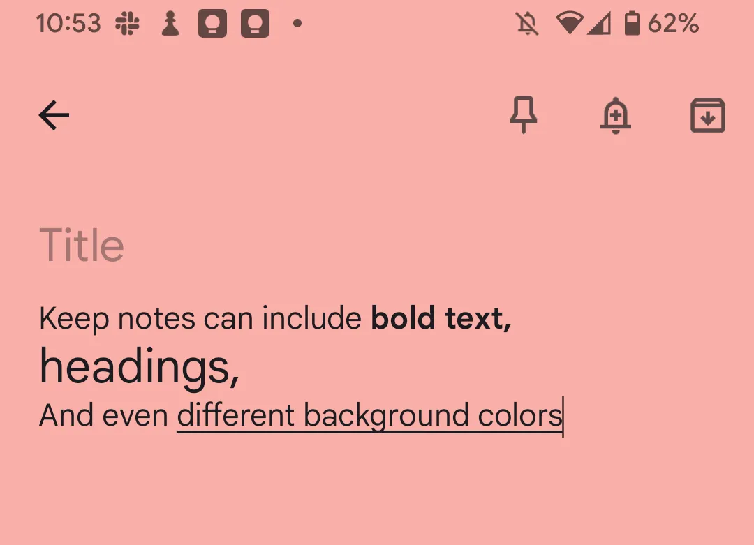 Ghi chú Google Keep với nền màu hồng và văn bản được định dạng in đậm, minh họa tính năng định dạng văn bản phong phú