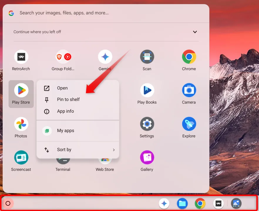 Ghim ứng dụng vào Shelf (thanh tác vụ) trên Chromebook để truy cập nhanh chóng.