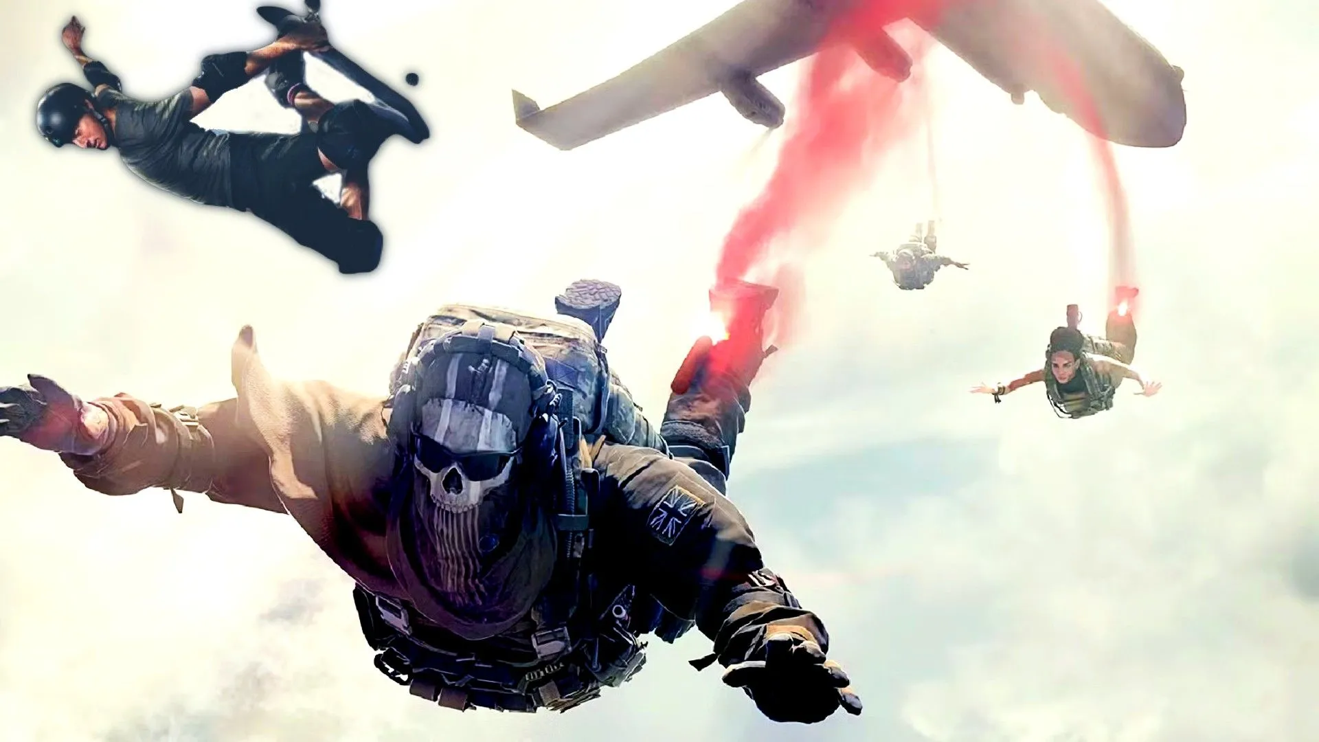 ghost jumping out of plane with Tony Hawk behind him in Call of duty warzone.