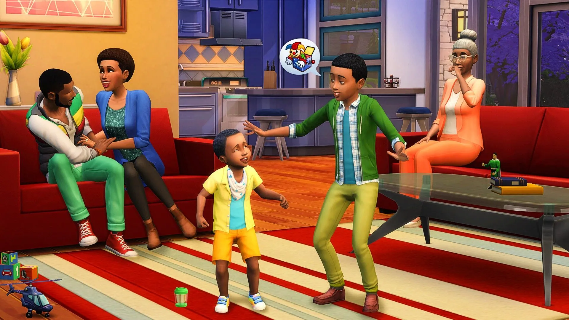Gia đình Sims 4 vui vẻ trong phòng khách, hình ảnh đại diện cho Thử Thách Vanilla Legacy Sims 4