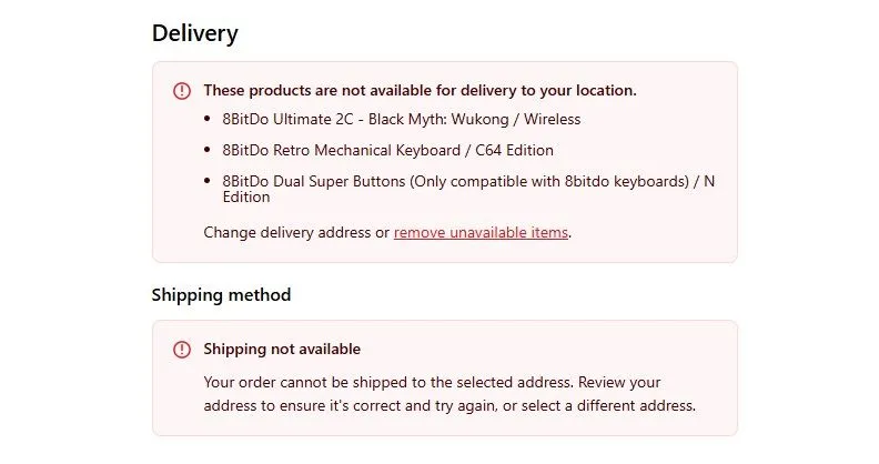 Giao diện 8BitDo từ chối đơn hàng từ kho Trung Quốc cho địa chỉ Mỹ do chính sách thuế quan mới.