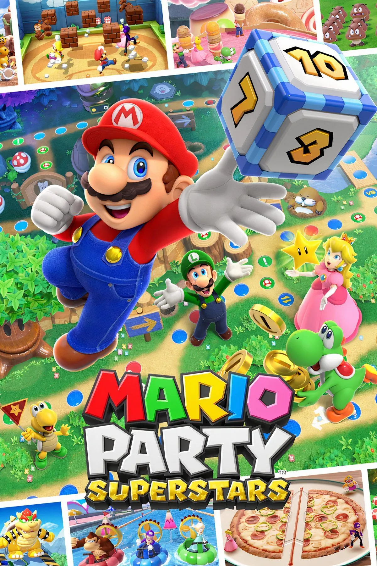 Giao diện bàn cờ và các nhân vật Mario trong game Mario Party Superstars, một lựa chọn tuyệt vời cho các buổi tiệc game gia đình.