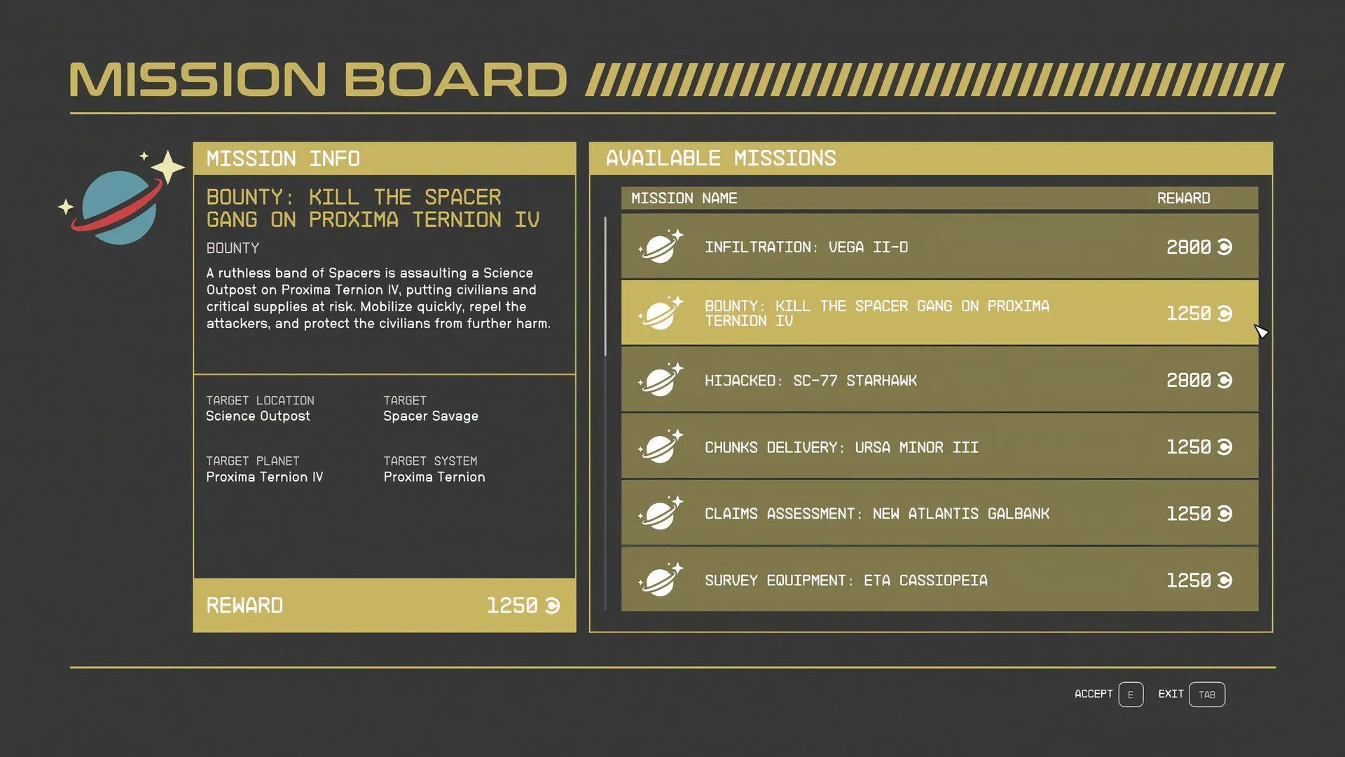 Giao diện bảng nhiệm vụ (Mission Board) trong Starfield với các nhiệm vụ mới từ mod Dark Universe Overtime
