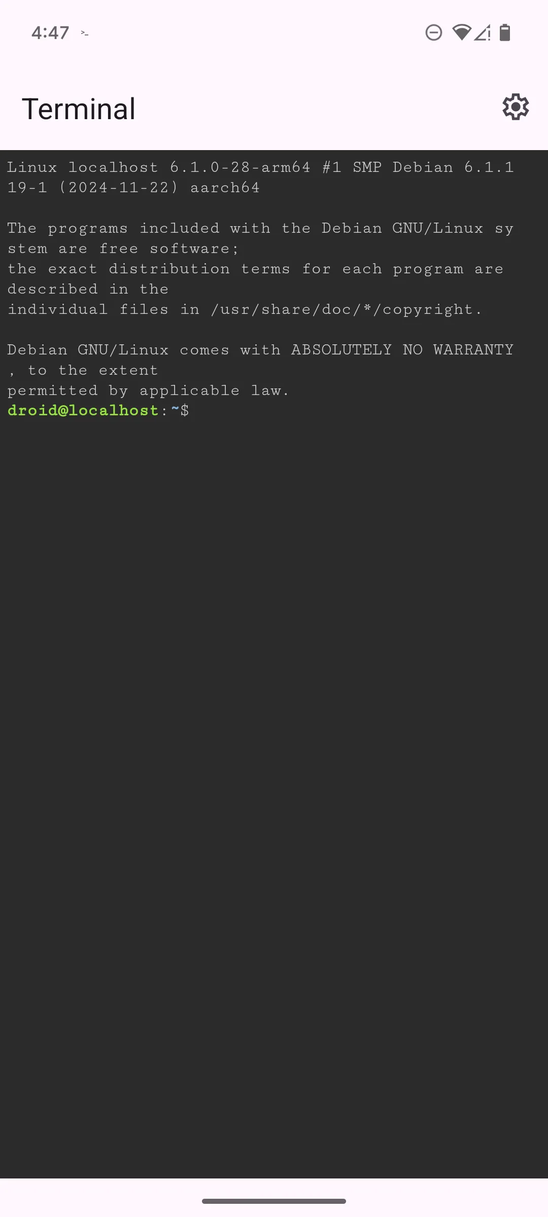 Giao diện bash prompt trống trong ứng dụng Linux Terminal trên Google Pixel 6