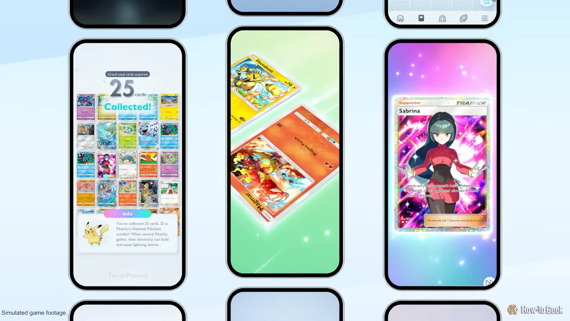 Giao diện bộ sưu tập thẻ bài, chức năng trao đổi thẻ và thẻ bài Sabrina full art trong Pokémon TCG Pocket, nhấn mạnh tính năng sưu tầm và giao dịch.