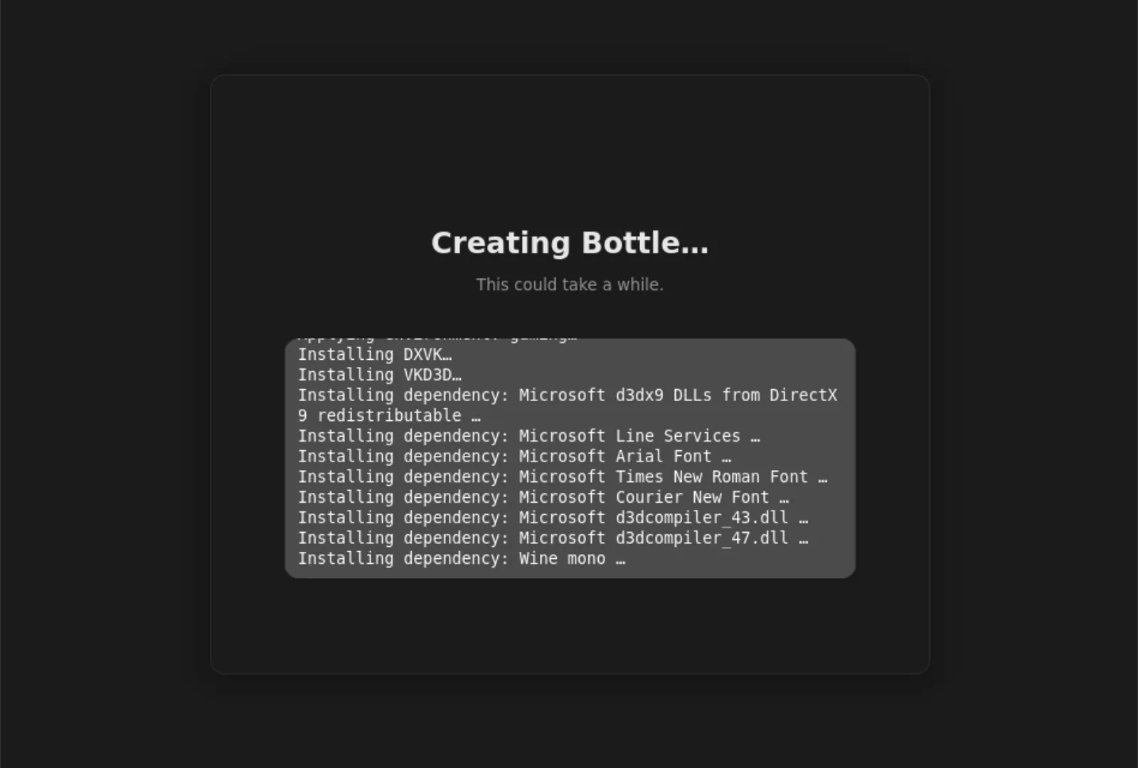 Giao diện Bottles đang tạo một "chai" môi trường chơi game trên Linux.