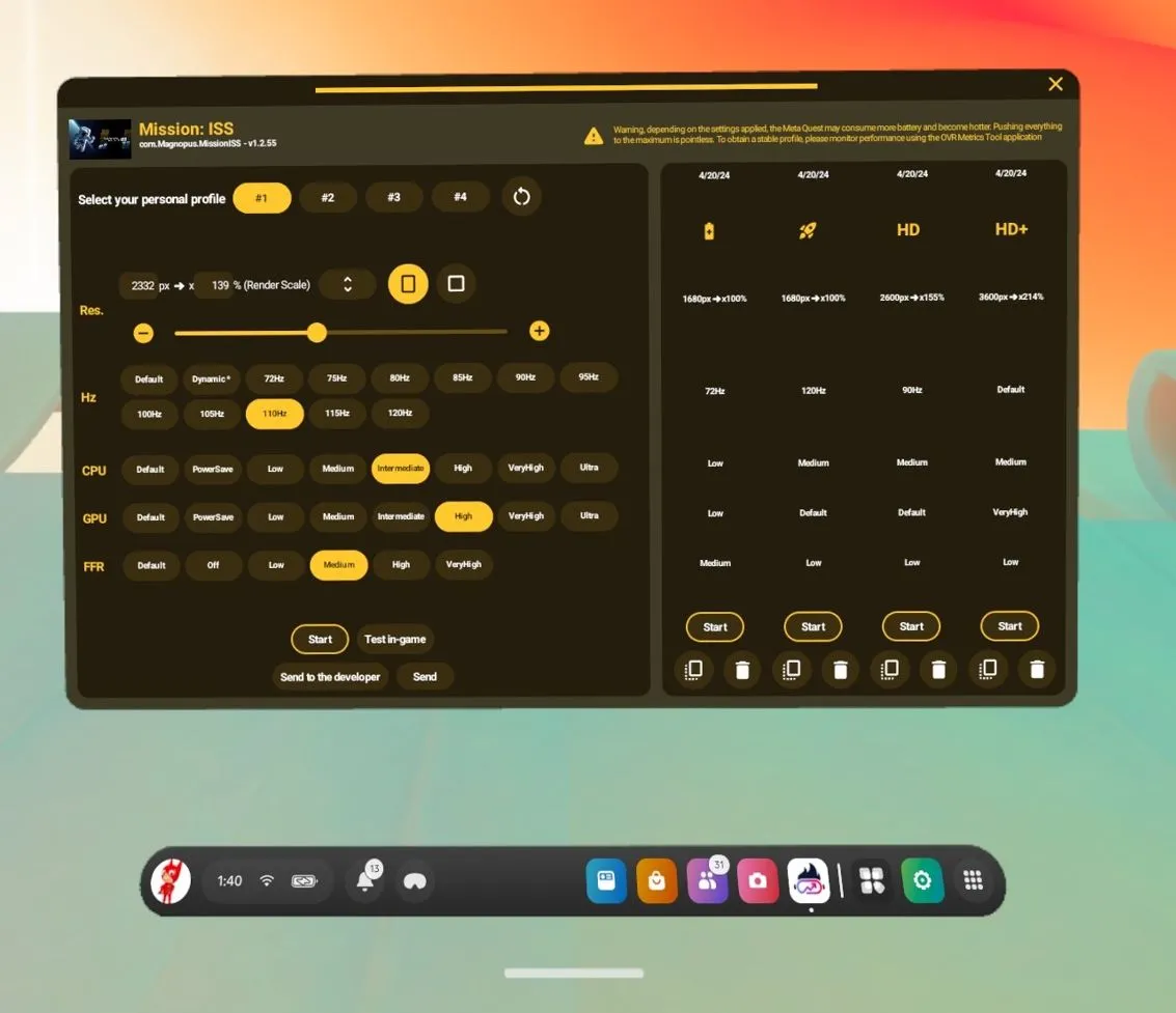 Giao diện cài đặt game của Quest Games Optimizer, nơi người dùng tùy chỉnh các thông số đồ họa như FFR và độ phân giải.