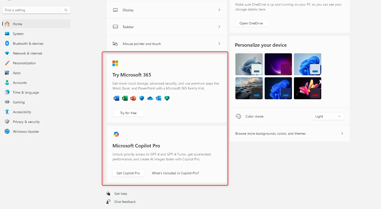 Giao diện Cài đặt Windows 11 hiển thị quảng cáo và gợi ý ứng dụng