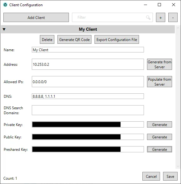 Giao diện cấu hình client (Client Settings) của Wg Server for Windows, nơi bạn đặt tên thiết bị, cấu hình IP và tạo mã QR để kết nối Wireguard.