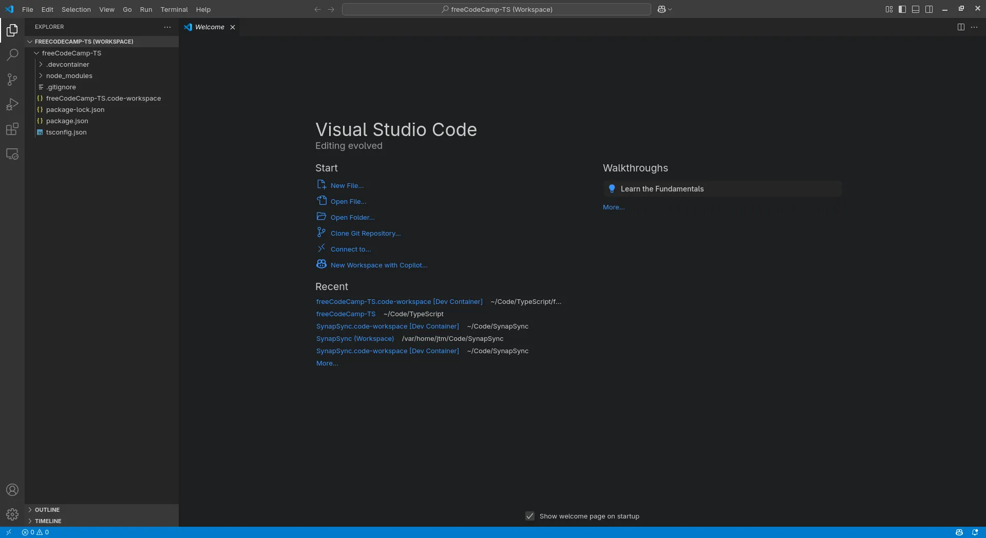 Giao diện chào mừng Visual Studio Code với các tùy chọn khởi tạo và mở dự án