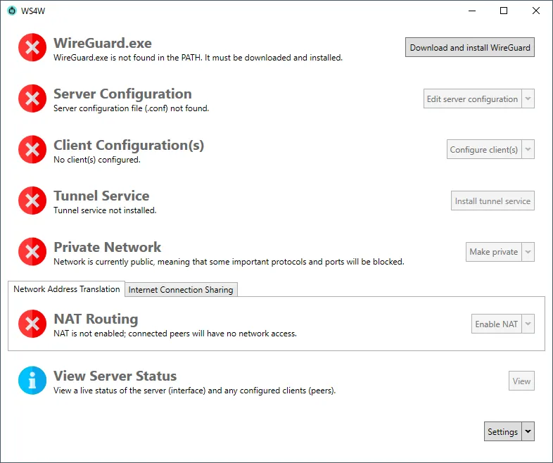 Giao diện chính của Wg Server for Windows, công cụ đơn giản hóa việc thiết lập Wireguard VPN trên Windows.