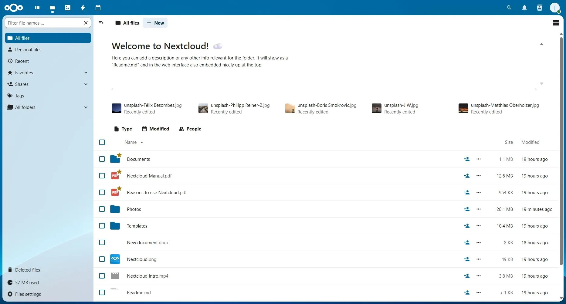 Giao diện chính Nextcloud Files với các tệp dữ liệu được sắp xếp gọn gàng và các tùy chọn quản lý tệp.