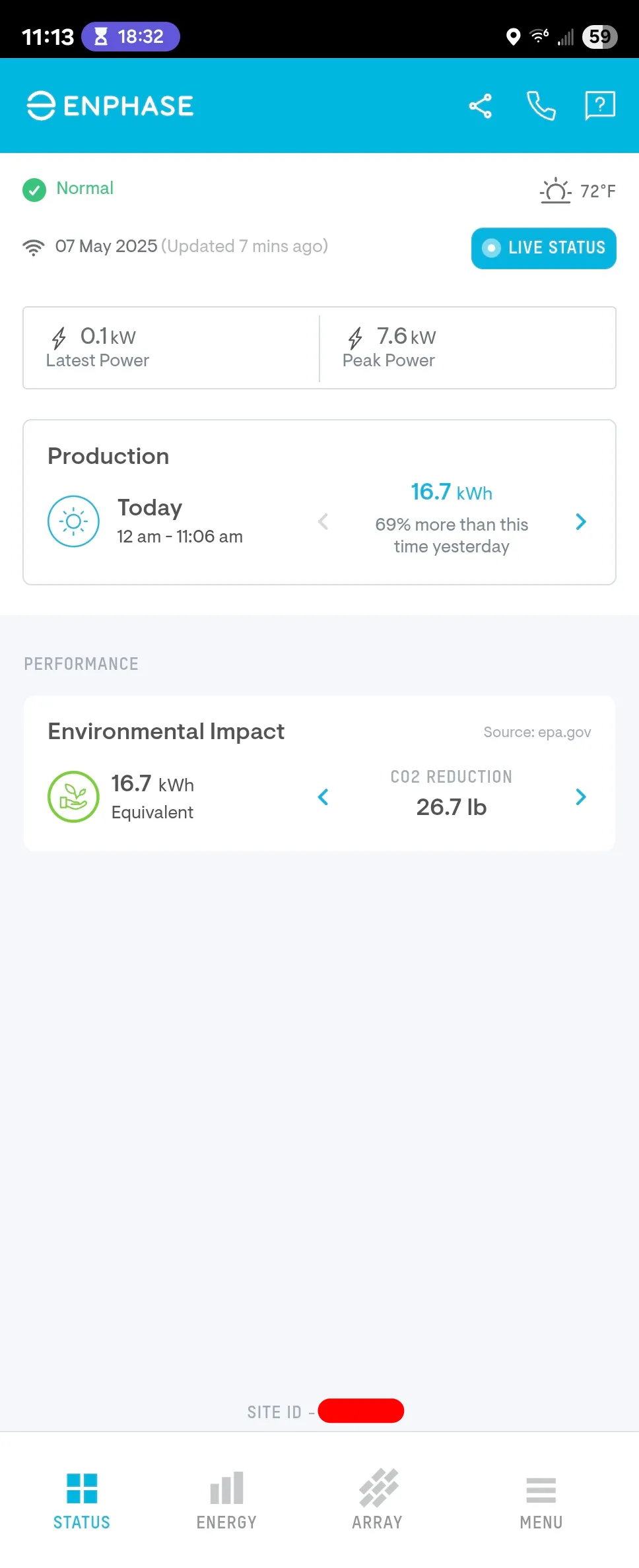 Giao diện chính ứng dụng Enphase Enlighten trên Android hiển thị trạng thái hệ thống điện mặt trời