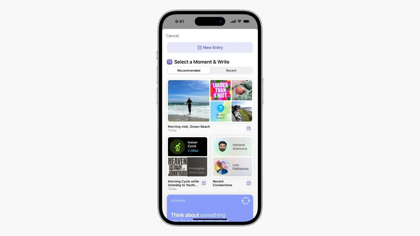 Giao diện chính ứng dụng Journal của Apple trên iPhone