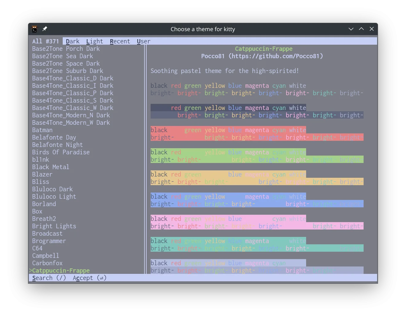 Giao diện chọn chủ đề (theme) trong terminal Kitty, một ứng dụng dòng lệnh tăng tốc GPU phổ biến và có khả năng tùy biến cao.