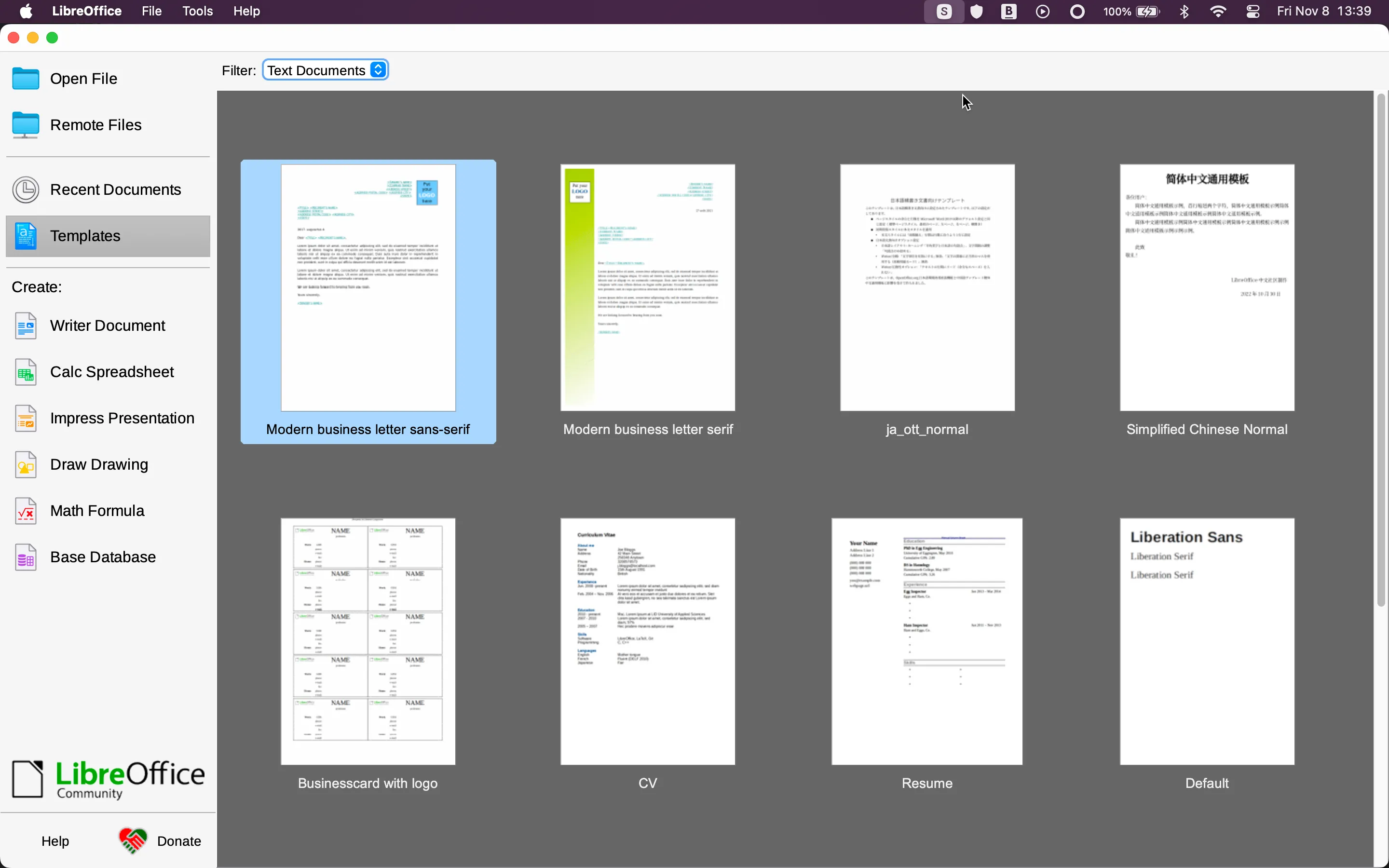 Giao diện chọn mẫu tài liệu của bộ ứng dụng văn phòng mã nguồn mở LibreOffice trên macOS.