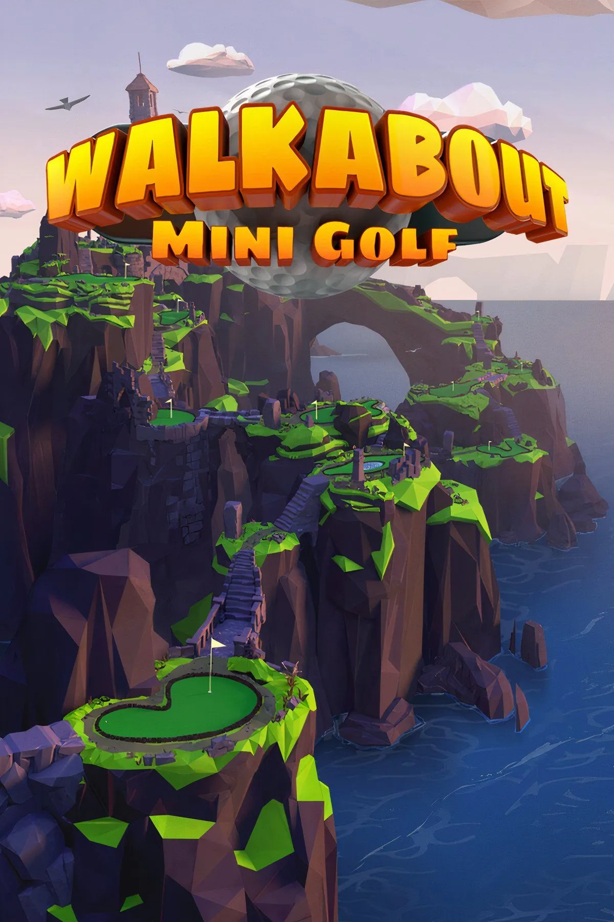Giao diện chọn sân golf trong Walkabout Mini Golf VR với nhiều hòn đảo hoạt hình
