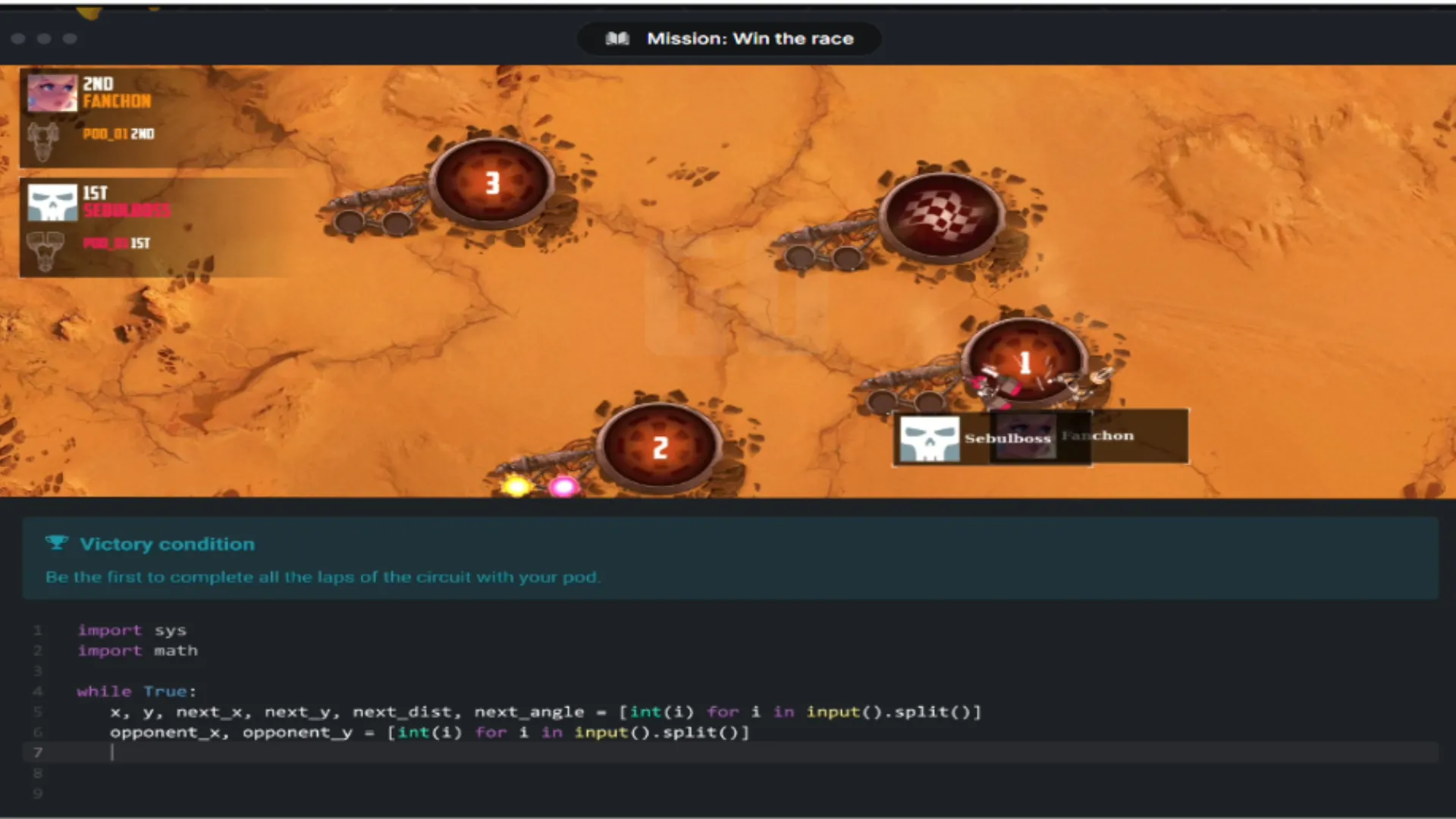 Giao diện CodinGame với các nhiệm vụ lập trình phức tạp, cho phép người dùng viết code để điều khiển robot chiến đấu và giải các bài toán thuật toán.