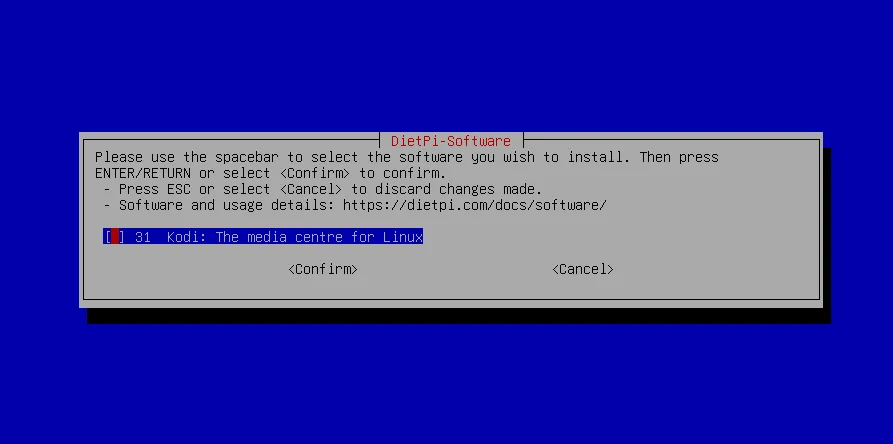 Giao diện công cụ dietpi-software hiển thị danh sách các phần mềm có sẵn, ví dụ như Kodi, giúp người dùng dễ dàng cài đặt server trên DietPi.