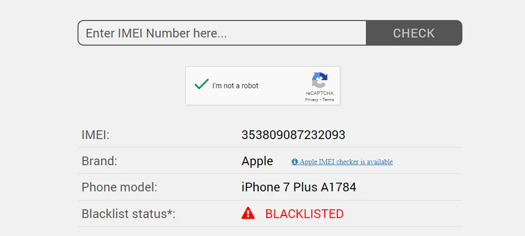 Giao diện công cụ IMEIPro.info để kiểm tra tình trạng số IMEI