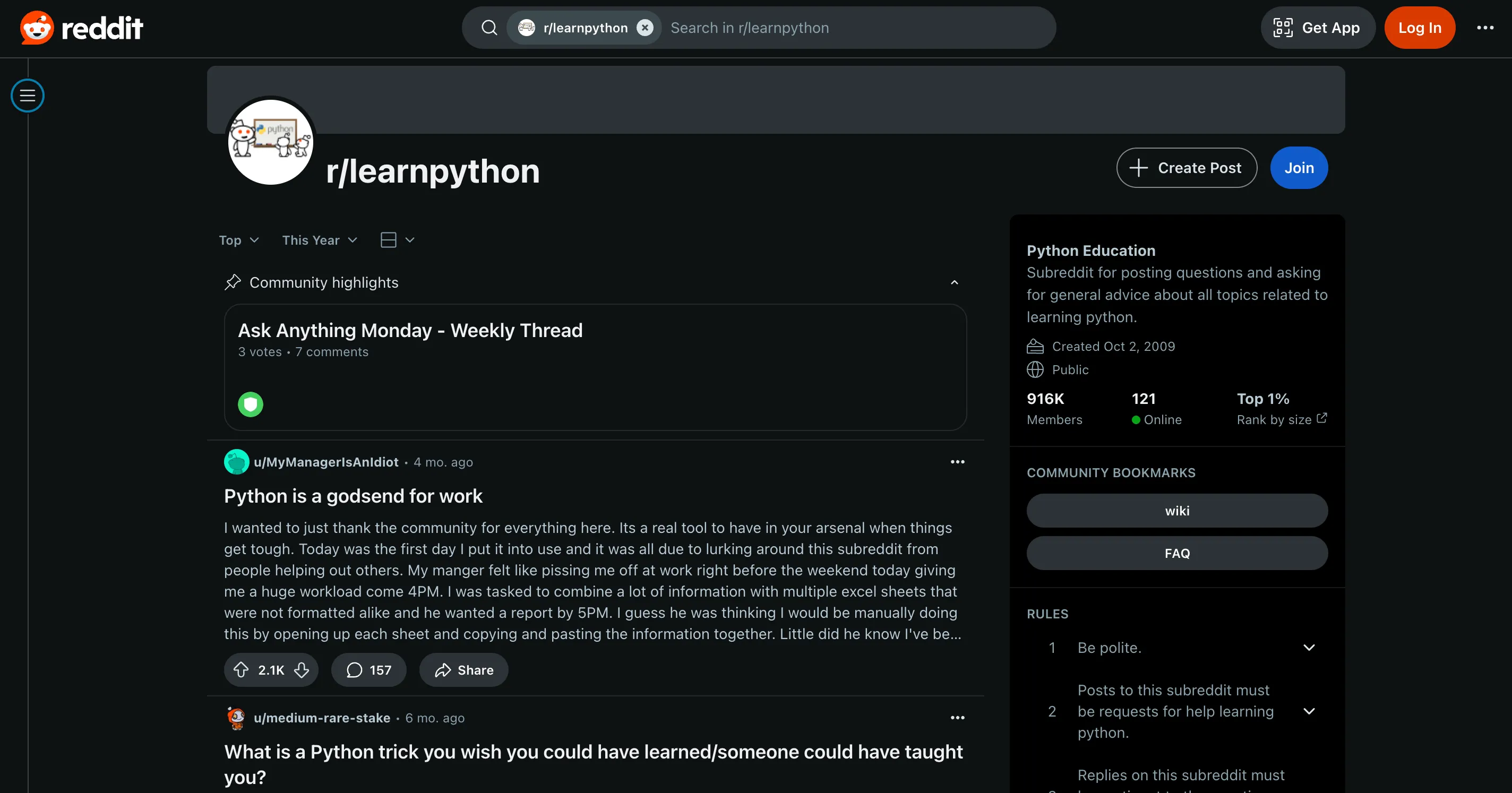 Giao diện cộng đồng r/learnpython trên Reddit, nơi học viên trao đổi kiến thức Python