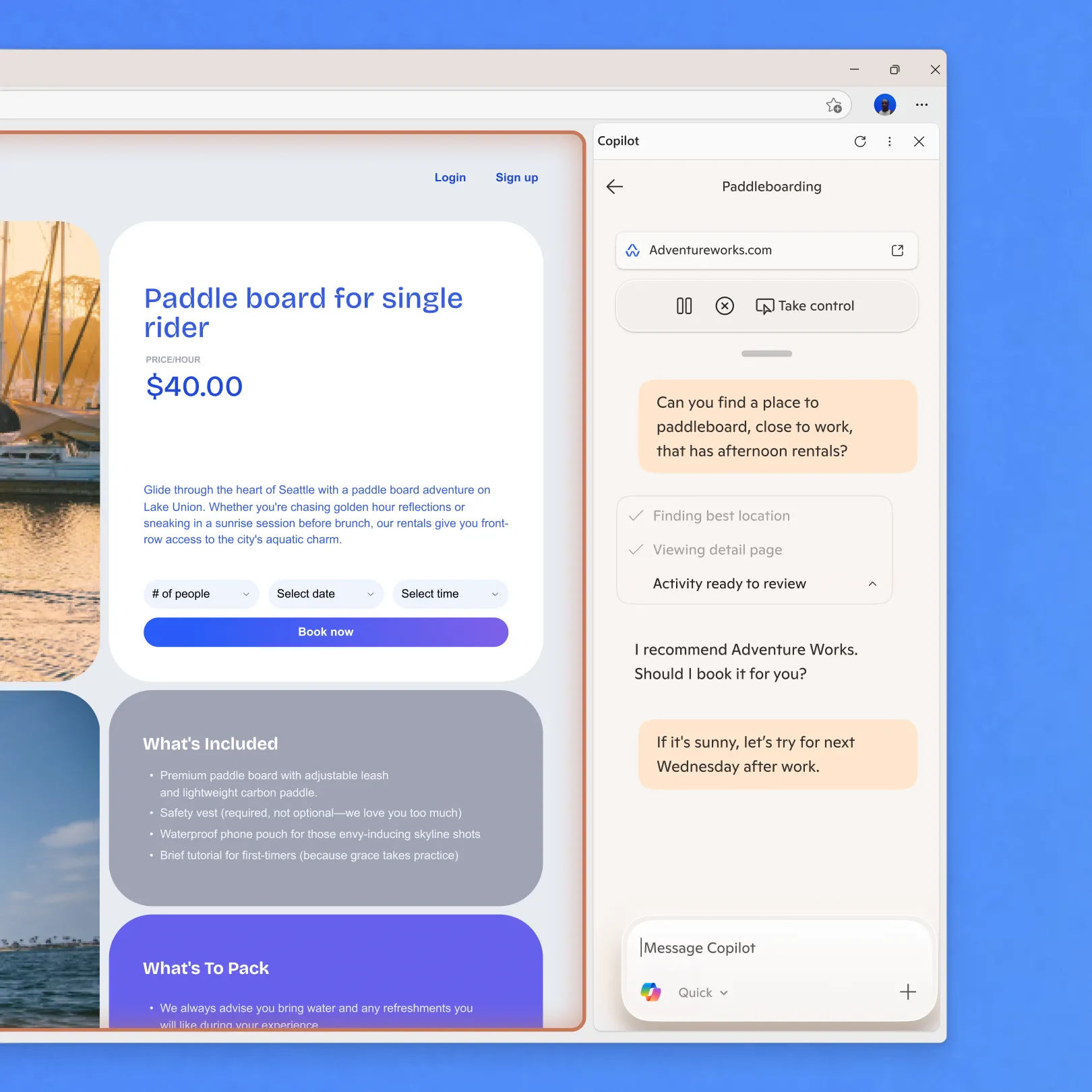 Giao diện Copilot Mode trong Microsoft Edge hiển thị các tùy chọn 'Actions' để điều khiển trình duyệt bằng ngôn ngữ tự nhiên