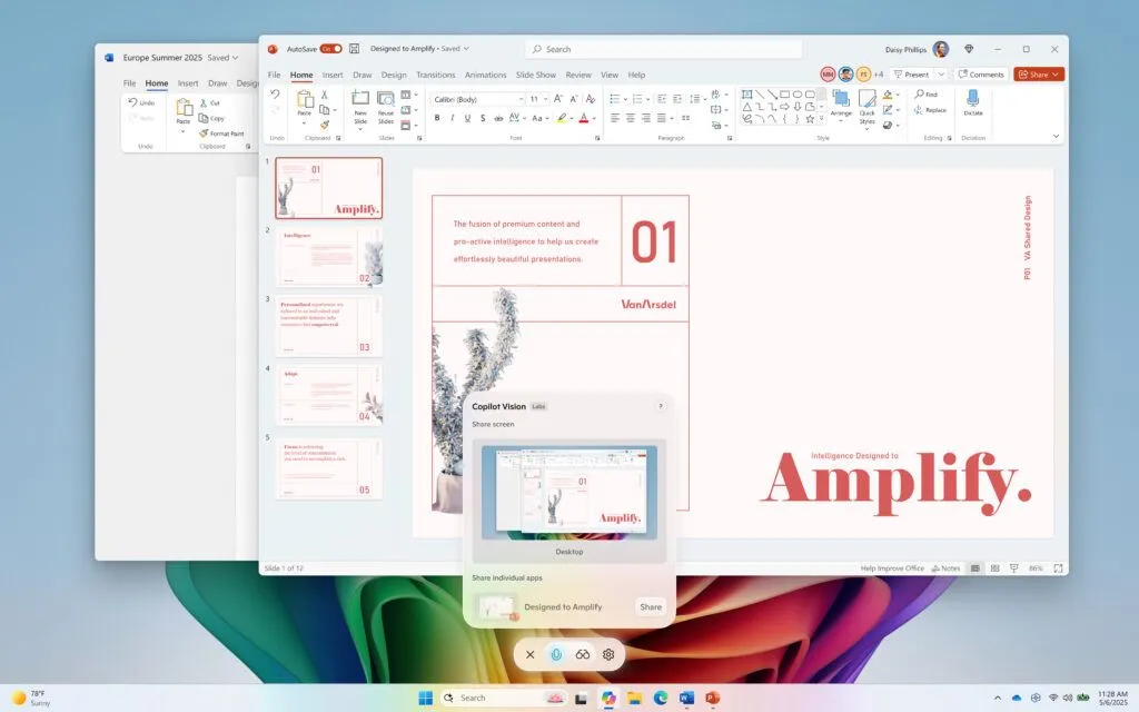 Giao diện Copilot Vision trên Windows 11 với tính năng chia sẻ màn hình Desktop, cho phép trợ lý AI phân tích nội dung trực tiếp từ cửa sổ ứng dụng hoặc toàn bộ màn hình.