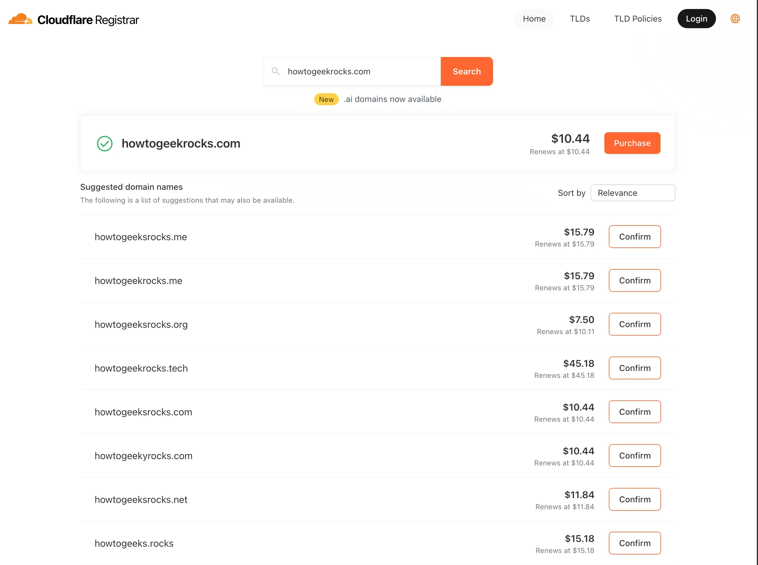 Giao diện đăng ký tên miền Cloudflare hiển thị tên miền howtogeekrocks.com