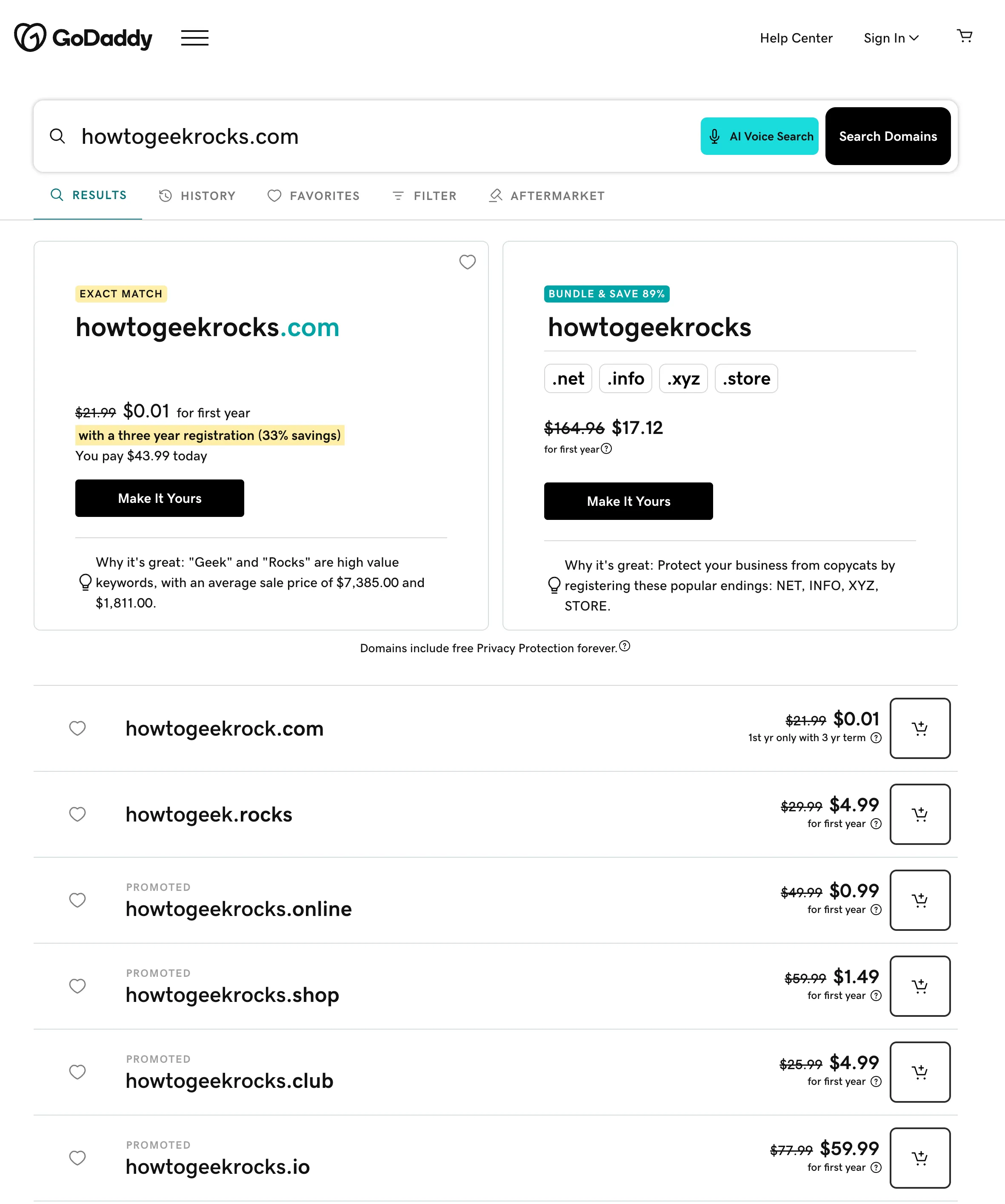 Giao diện đăng ký tên miền GoDaddy hiển thị tên miền howtogeekrocks.com