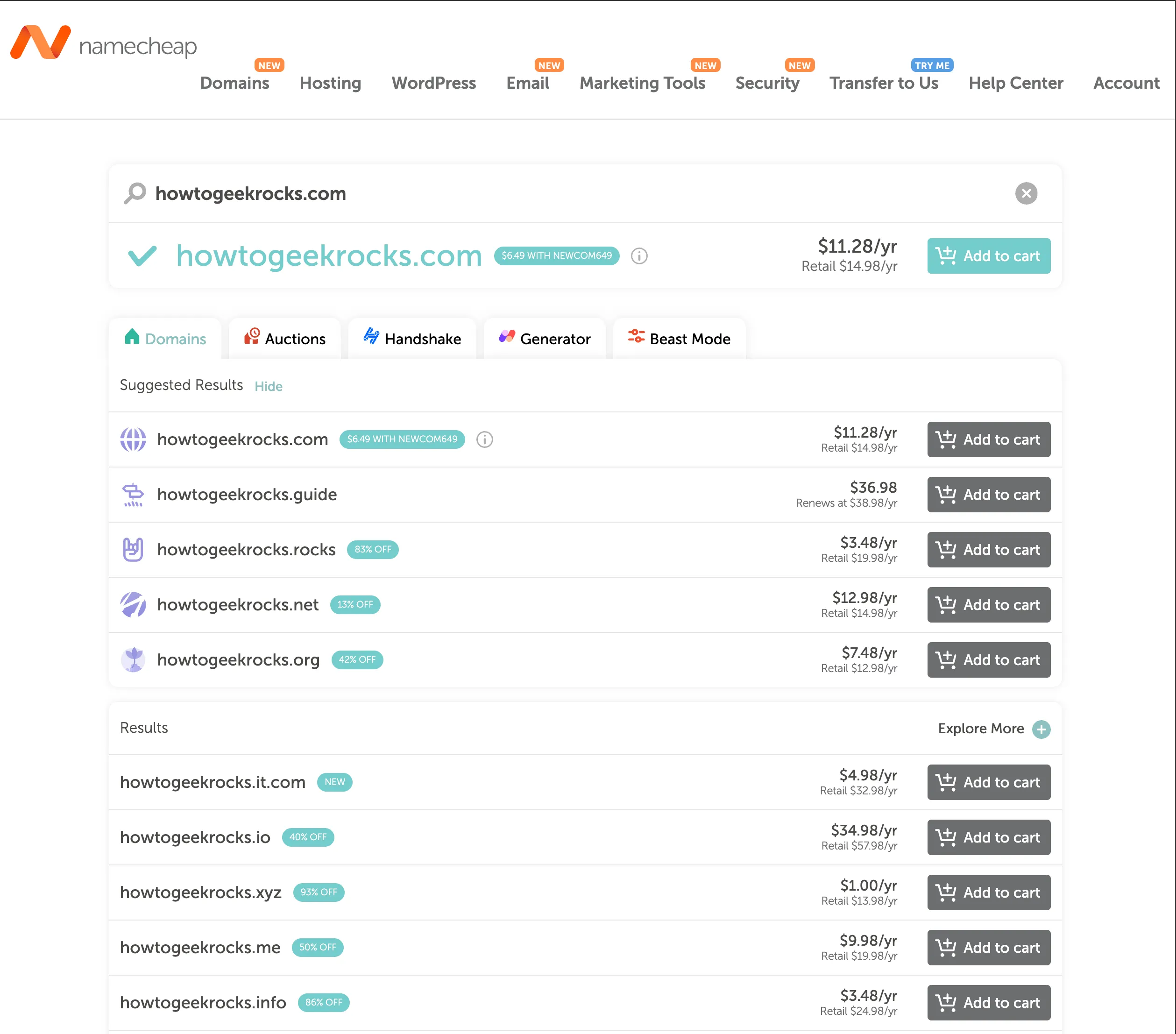Giao diện đăng ký tên miền Namecheap hiển thị tên miền howtogeekrocks.com