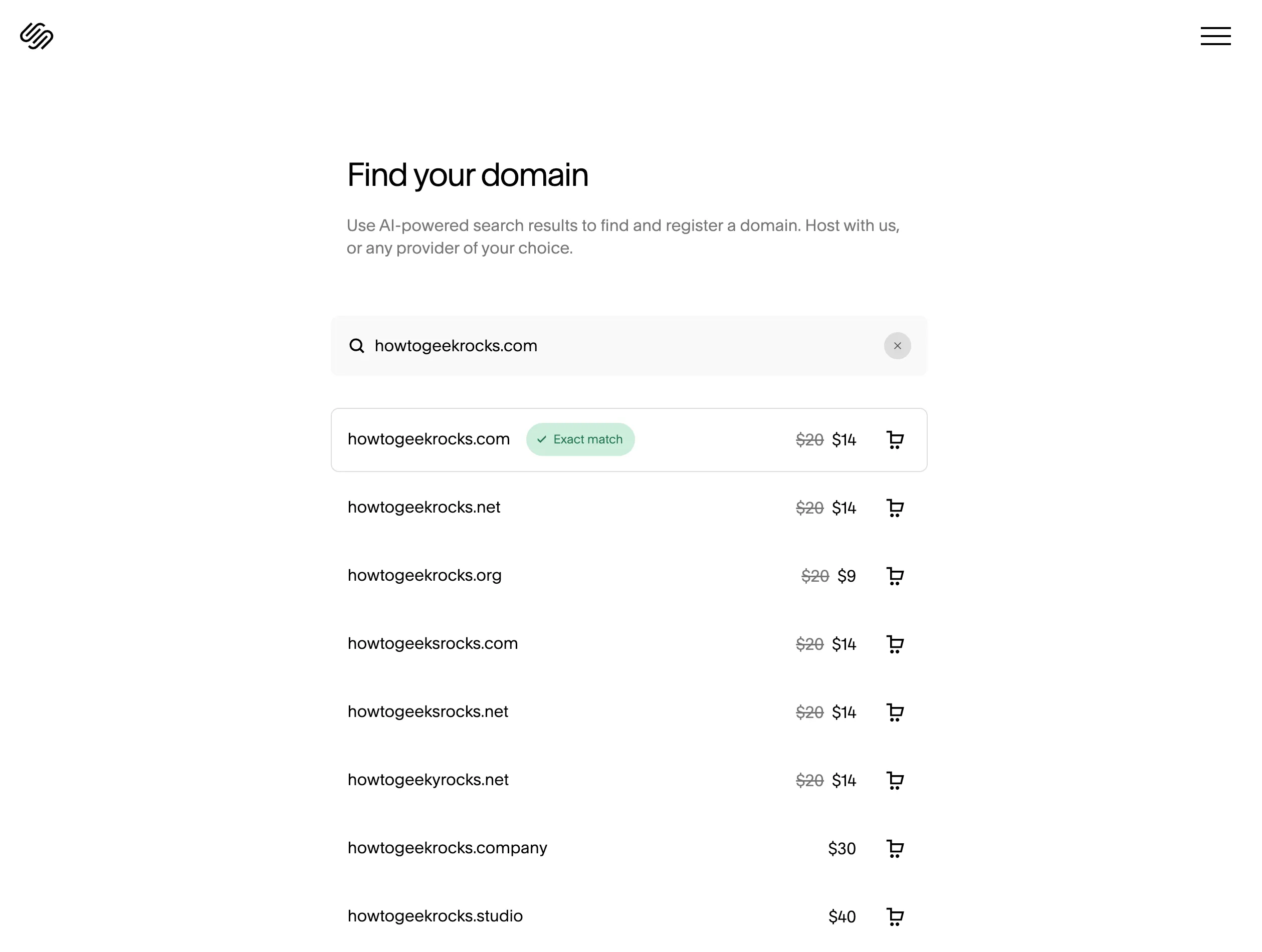 Giao diện đăng ký tên miền Squarespace với tên miền howtogeekrocks.com